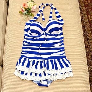 Swimdress - One piece, halter, ruffled crochet trim skirt